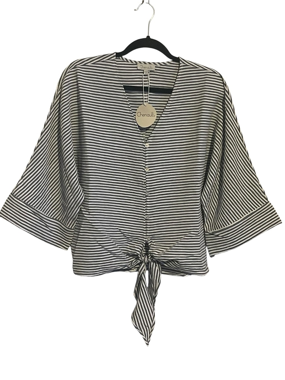 Chenault Black & White Striped Button-Front Tie Hem Blouse